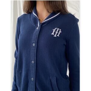 Women's Tommy Hillfiger Snap Button Navy Cardigan Preppy Monogram Cardigan Sz XS
